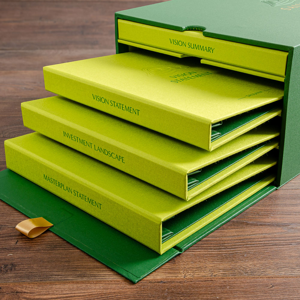 Custom made high quality presentation box for tender bid submission in green fabrics with foil embossed personalised covers - Gallery image 3