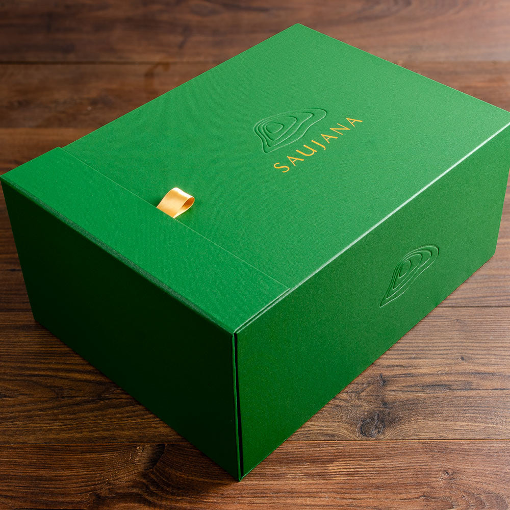 Large custom made high quality bespoke presentation box in green fabric with personalised cover - Gallery image 1