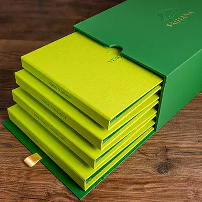 large custom made tender and bid presentation box with four screw post binders and embossed covers in green fabrics Hartnack and Co 