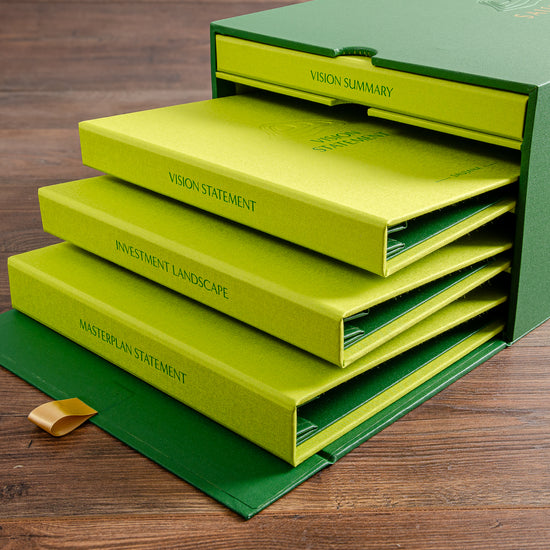 luxury custom made bid tender presentation box with 4 binders inside it with titles and names embossed on the cover