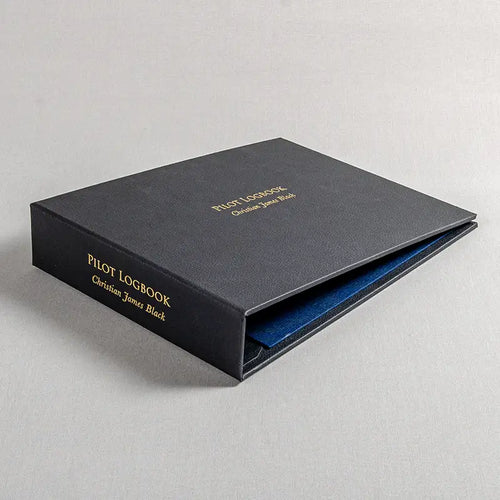luxury PU leather pilot logbook ring binder personalised with gold foil lettering on the cover and the spine