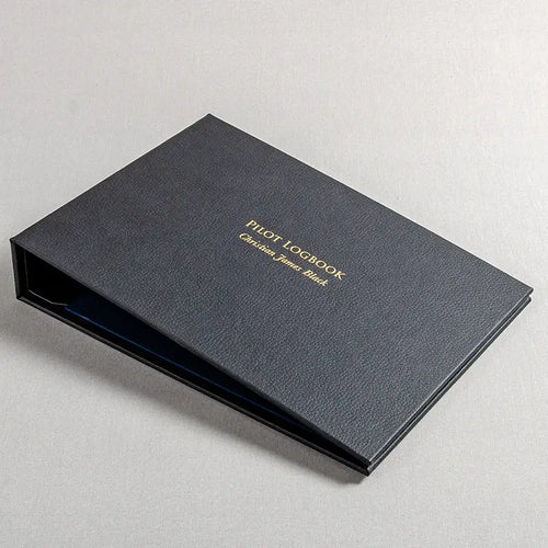 Luxury black leatherette pilot logbook binder with gold foil personalised cover