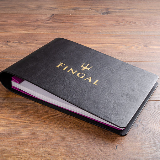 Personalised black leather guest book. Custom made gold foil embossing