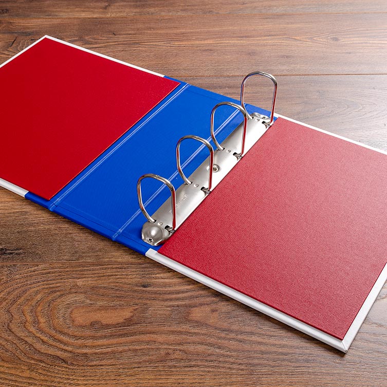 Large D ring binder mechanism with red buckram inner covers