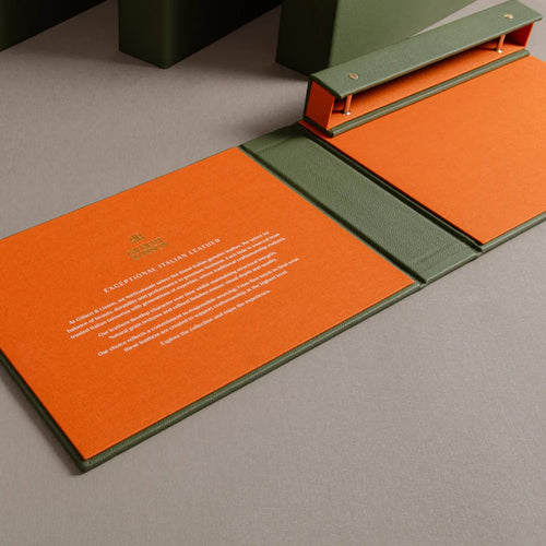 luxury leather covered screw post swatch book with embossed personalised inner cover