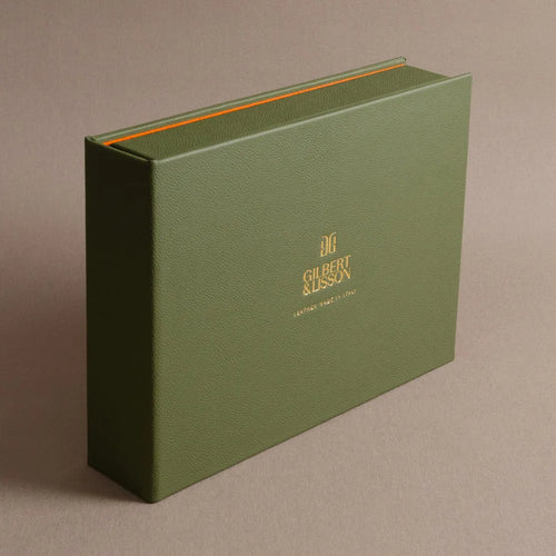 Luxury leather bound personalised swatch book with gold foil embossed cover