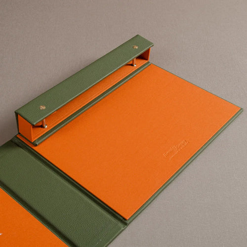 luxury screw post swatch book in leather and orange book cloth