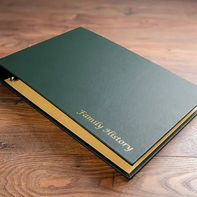 luxury green and yellow textured leather ring binder family history album with gold foil embossing