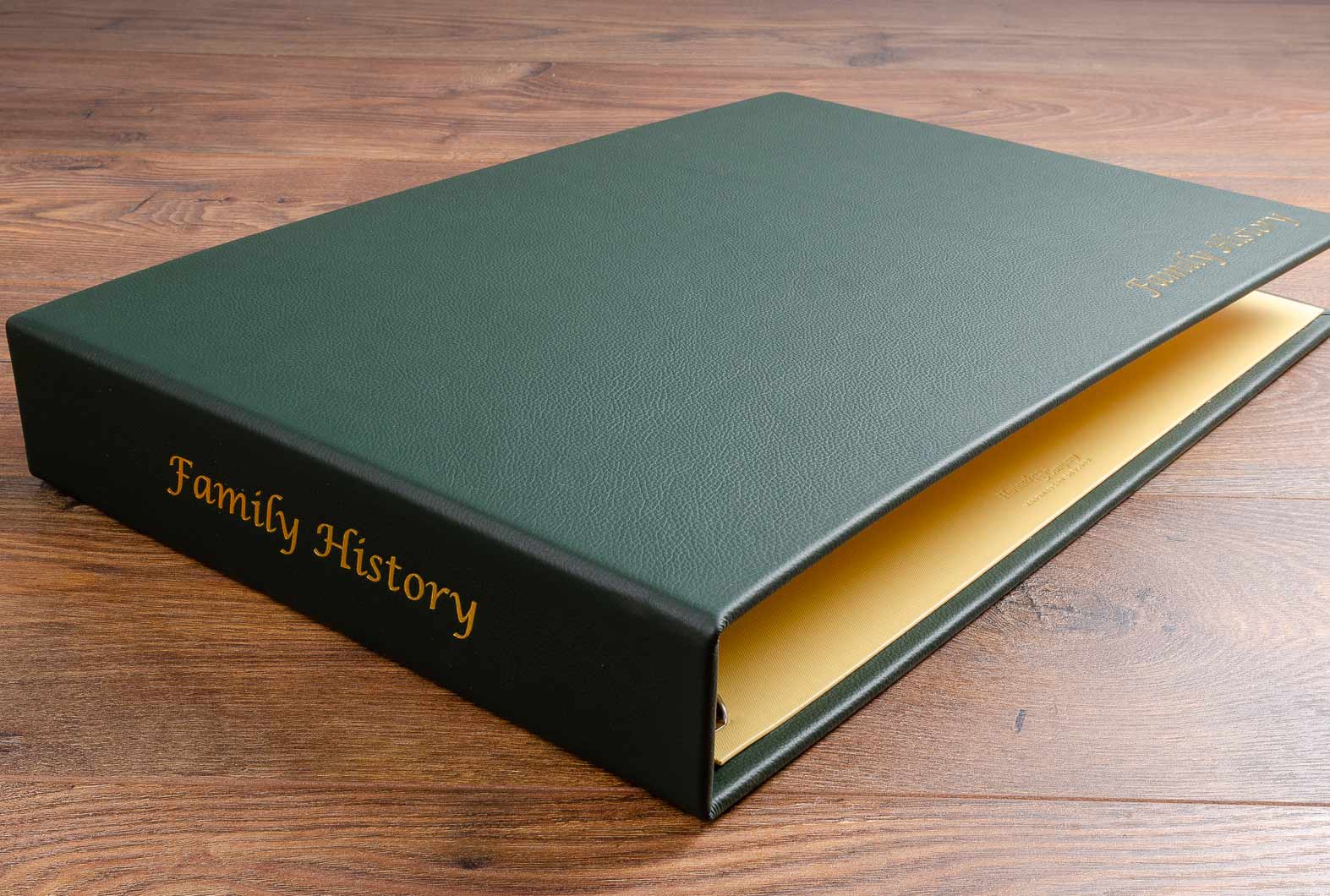 Personalised gold foil embossed spine on A3 leather family history album
