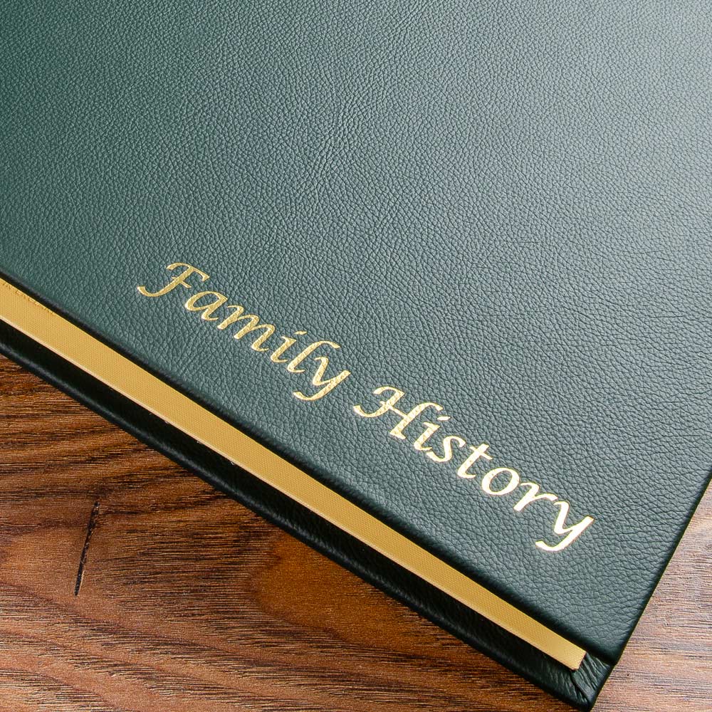 gold foil family history embossing on green leather album cover - Gallery image 2