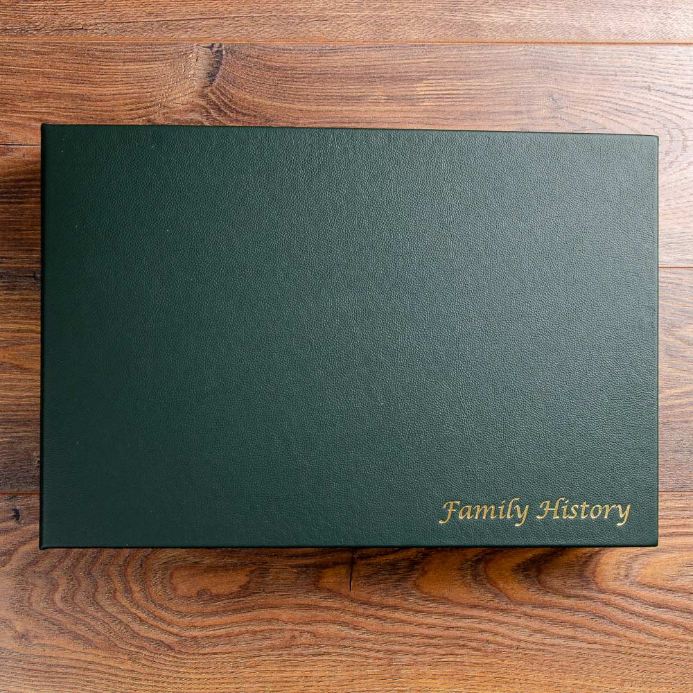 beautiful green textured leather landscape family history album with gold foil embossing - Gallery image 1