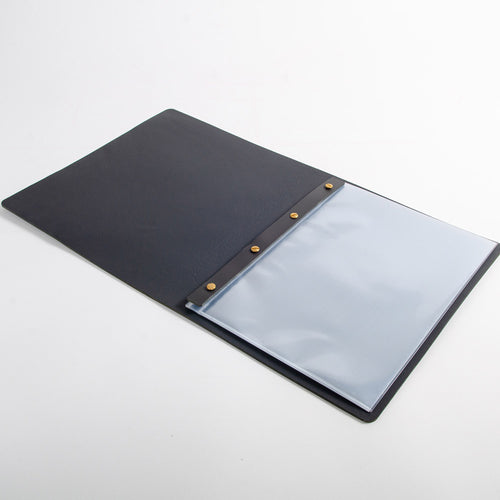 dark grey leather folder with clear plastic pockets inserted into the cover using screw posts