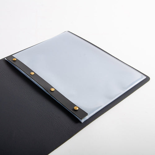 dark gray leather screw post folder with plastic inserts