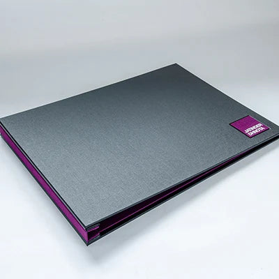 high quality custom made black a3 landscape luxury portfolio book with purple personalised name plaque