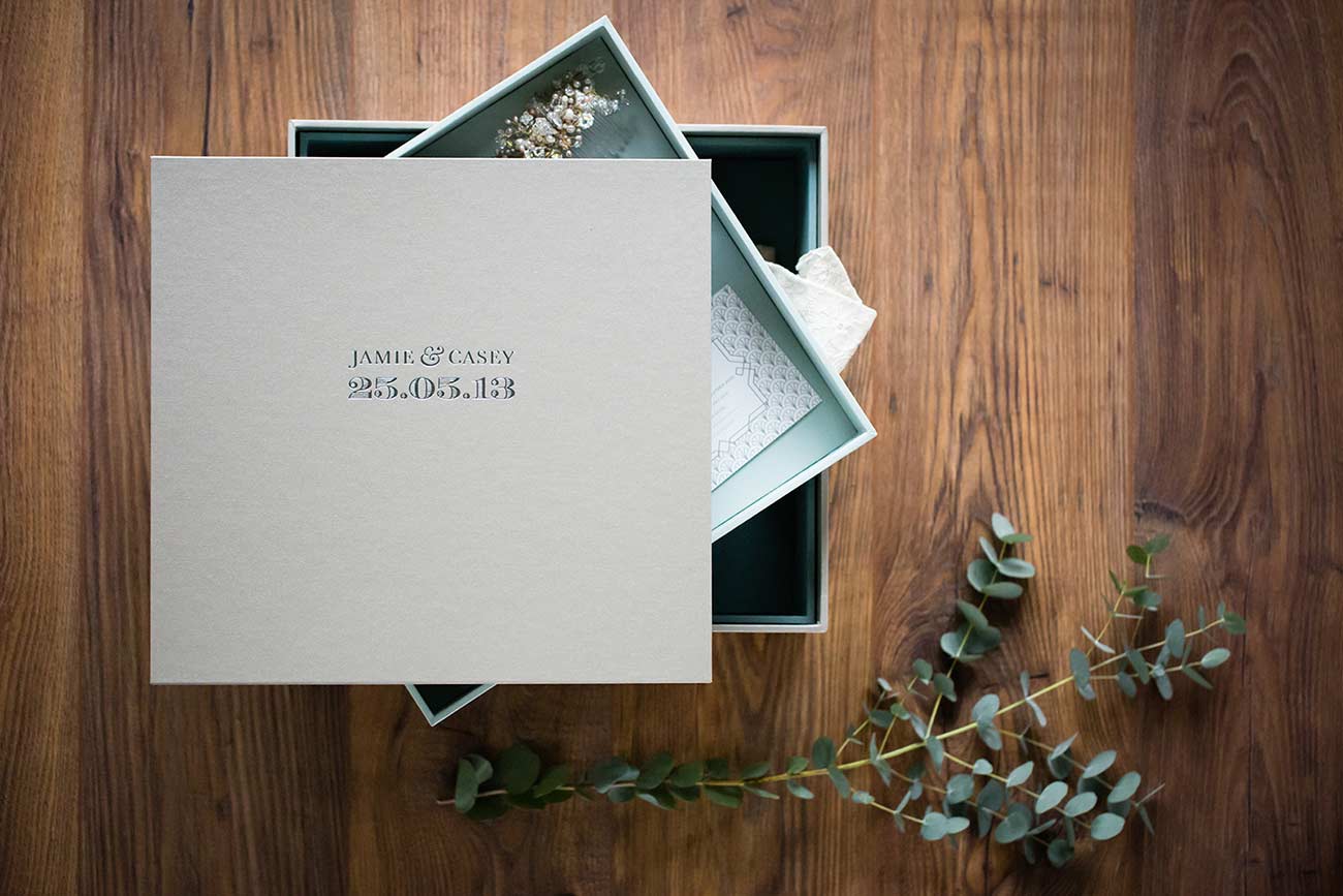 Bespoke wedding keepsake box with silver foil printed cover