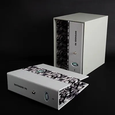 high quality luxury leather binders with bespoke camo detailing for classic land rover