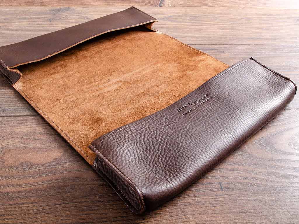 Bespoke hand stitched leather vehicle document wallet for classic car