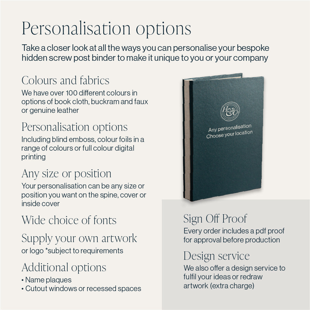 The personalisation options featured in a Hartnack & Co hidden screw post binder