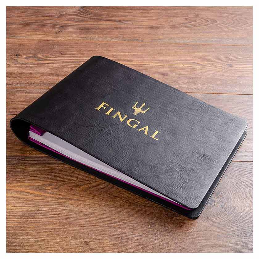 personalised black leather guest book with gold foil embossing 