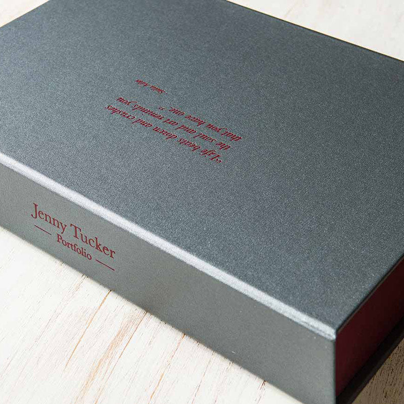 silver buckram clamshell box with red foil personalisation - Gallery image 2