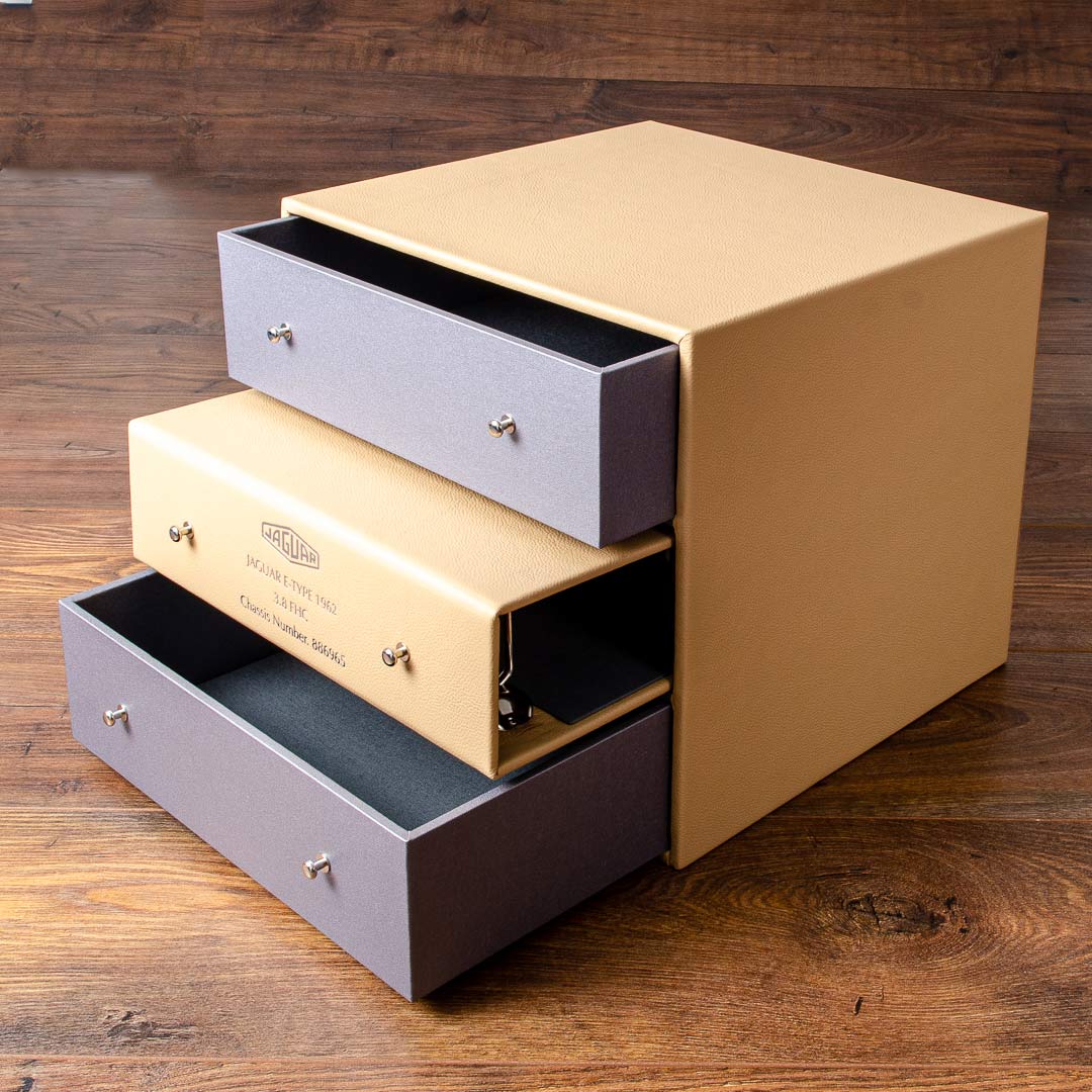 Multiple slipcase and drawer vehicle document holder box for Jaguar E-Type open - Gallery image 4