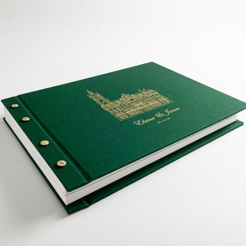 green screw post wedding guest book with gold foil personalised embossing