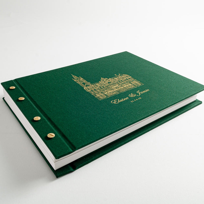 green screw post wedding guest book with gold foil personalised embossing