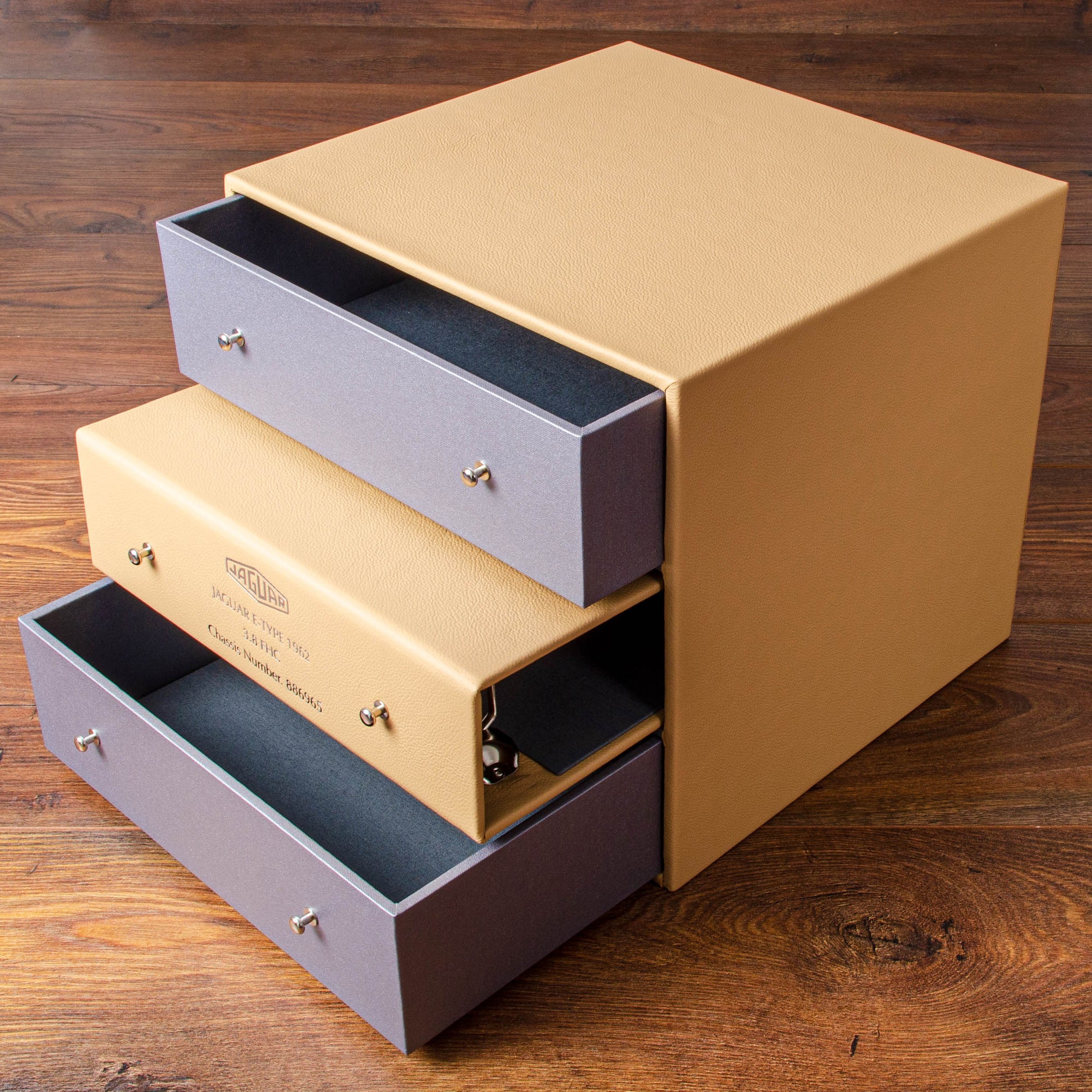 Multiple slipcase and drawer vehicle document holder box for Jaguar E-Type open