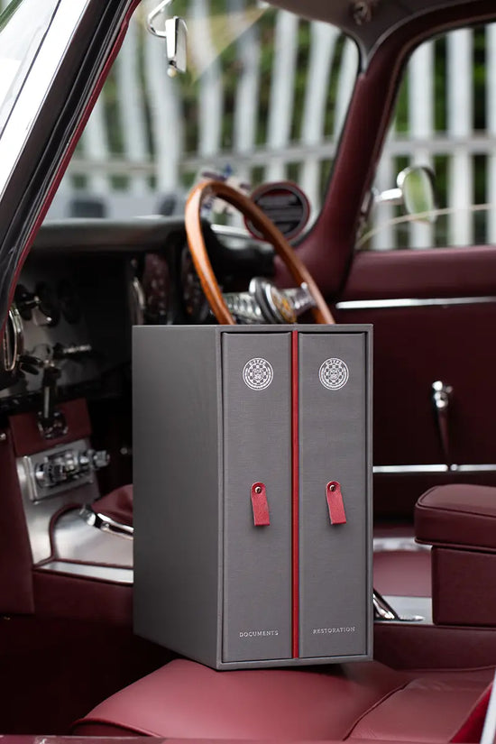 Custom made luxury car history document and restoration files in personalised binders and box