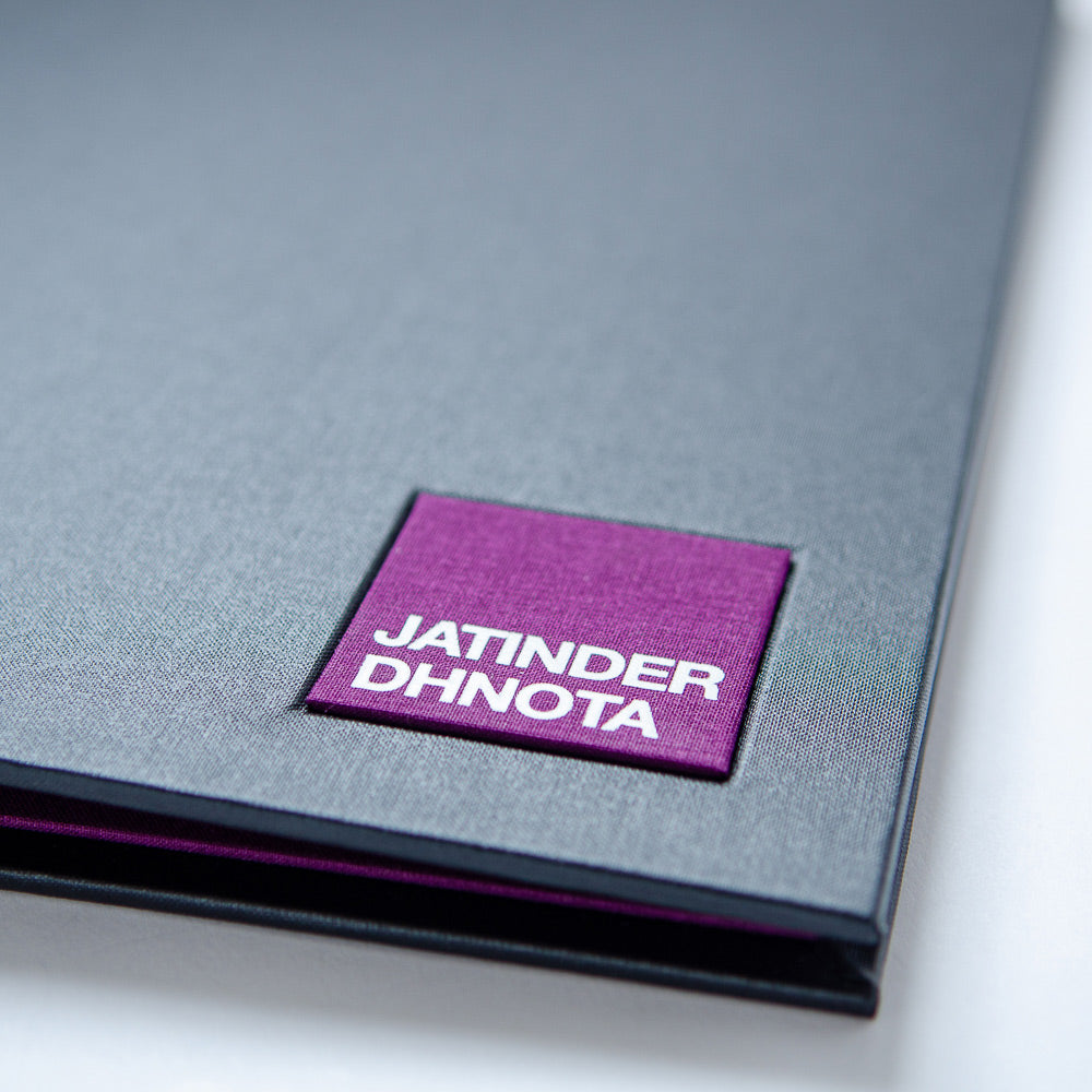 purple name plaque with white foil personalisation in black luxury binder cover - Gallery image 2