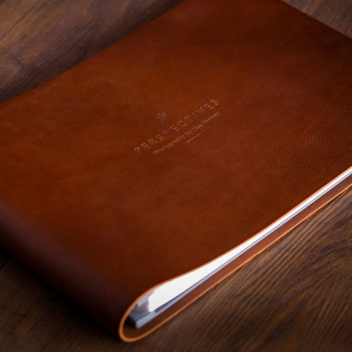 luxury brown leather A3 professional photography portfolio book with embossed logo
