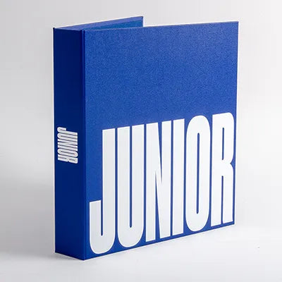 Custom made high quality blue 11x14 screw post photography portfolio book with large logo graphic printed on the cover and spine