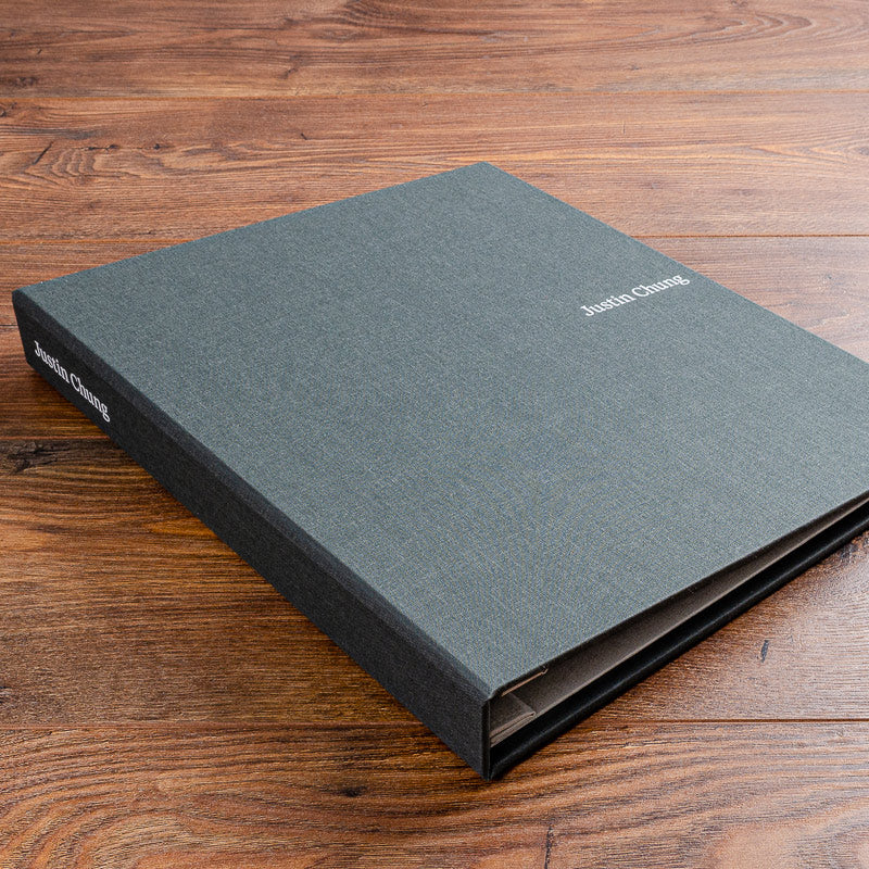 grey fabric screw post portfolio book in grey fabric with personalised cover and spine - Gallery image 2