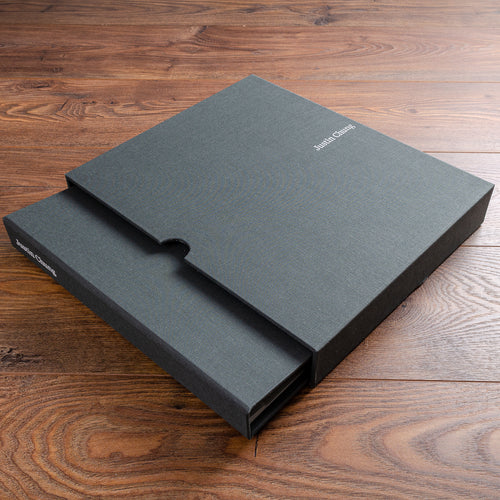 11x14 photography portfolio book and slipcase in grey fabric and white foil personalised cover and spine