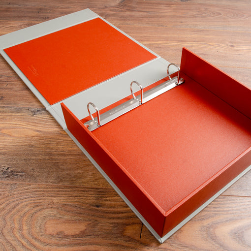 custom 3 ring box file in orange and beige buckram cloth