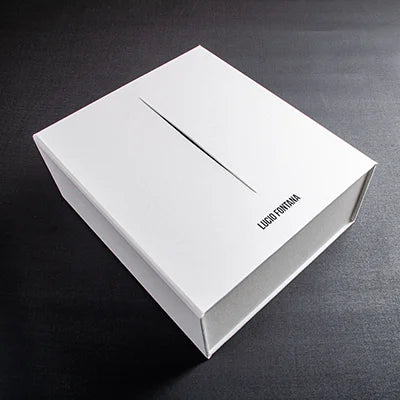 custom made white clamshell box file with black cut out stripe and black foil embossed logo