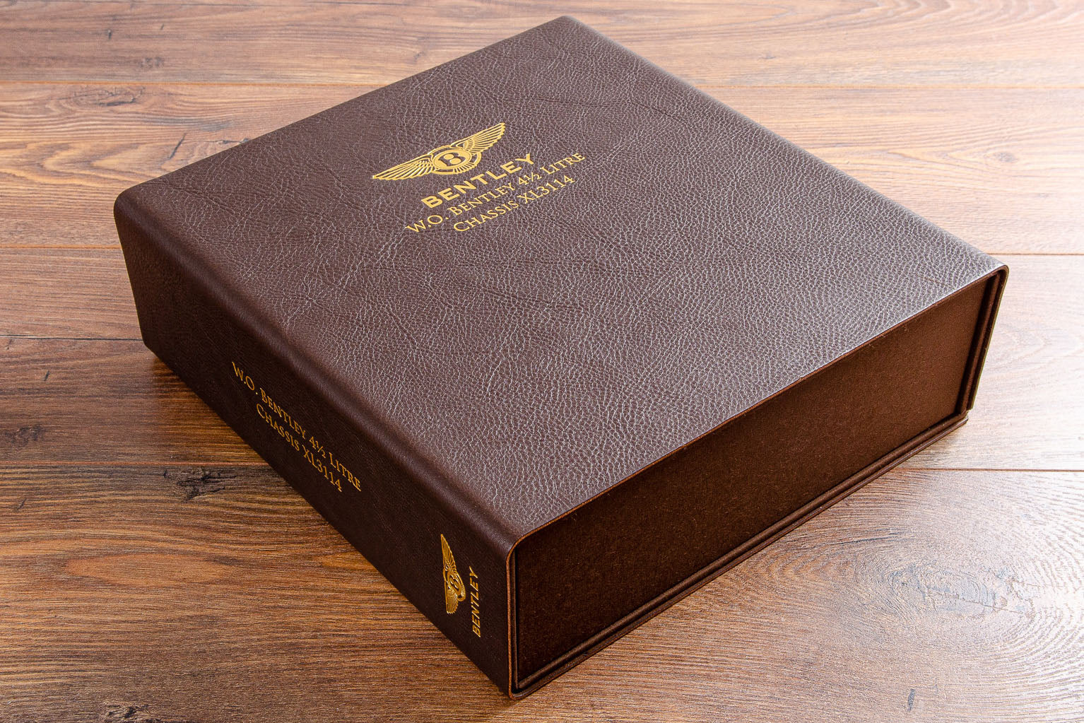 A4 leather box file for car documents and history in brown 2.5mm veg tanned leather with gold foil personalisation
