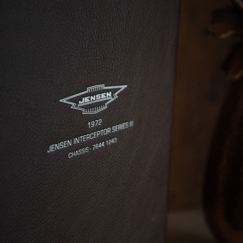 Silver foil embossing detail on luxury leather box file for classic car history - Gallery image 4
