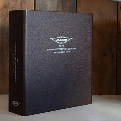 luxury custom leather covered box file for Jensen Interceptor classic car history personalised with silver foil embossed details