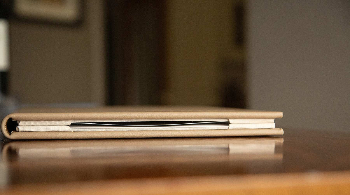 luxury leather menu cover bound in beige leather with fabric holders - Gallery image 9