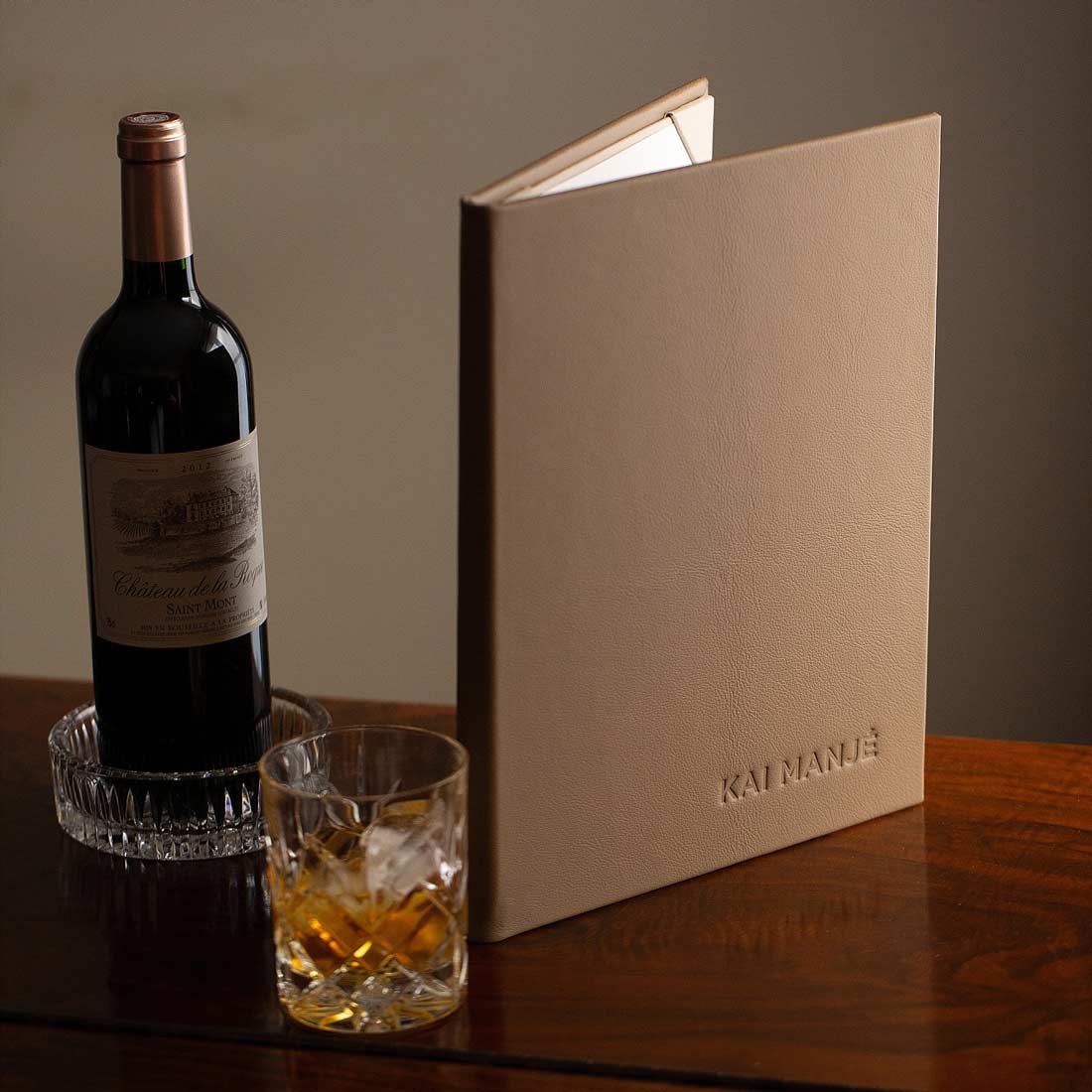 Luxury Leather bound menu cover with whisky glass and wine bottle - Gallery image 7