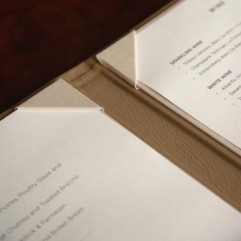 Custom and bespoke quality leather menu covers with corner pocket page holders for printed menus - Gallery image 4