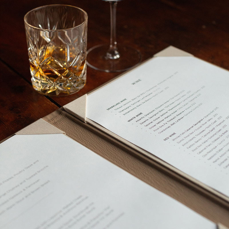 High quality luxury leather bound menu cover that holds 2 pieces of paper with printed menu - Gallery image 2