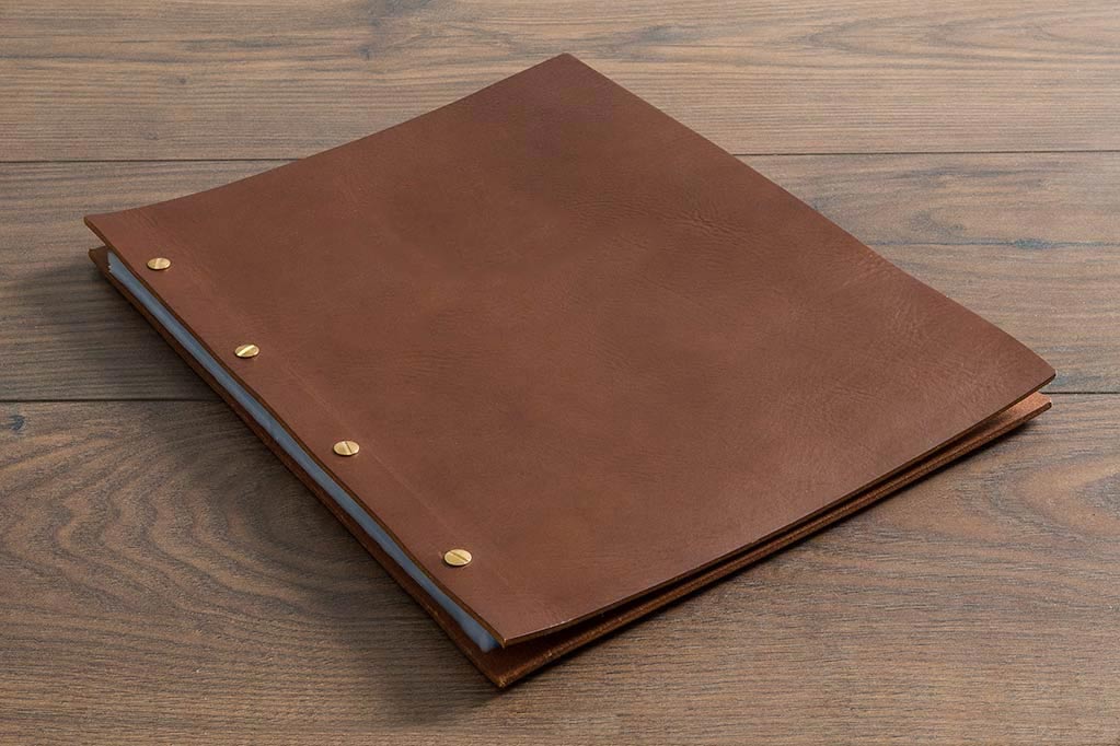 a4 leather portfolio book with personalised cover and down green fabric lining