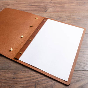 Leather Screw Post Menu, bespoke luxury vegan tan leather menu cover with soft texture and customisable posts.