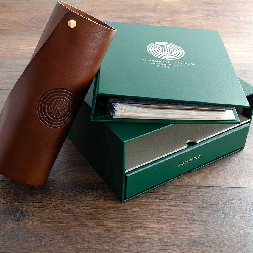 bespoke vehicle history file ring binders and custom slip case box and colour foil embossed personalization - Gallery image 1