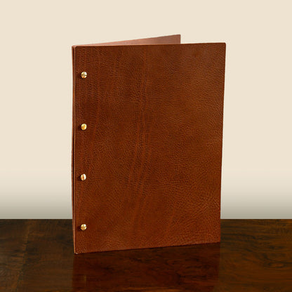Leather Exposed Screw Post Menu binder in luxury veg tanned leather by Hartnack and Company.