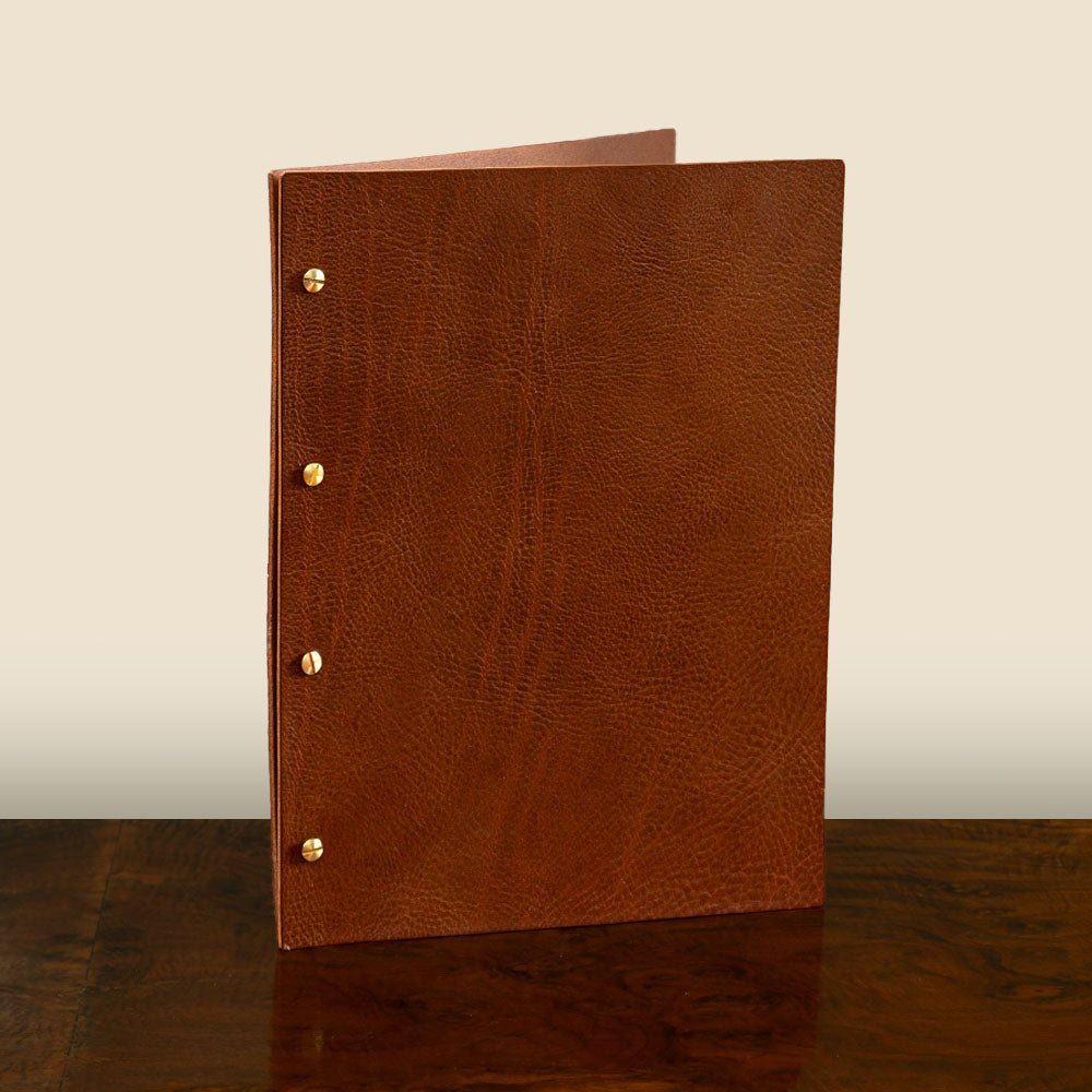 Leather Exposed Screw Post Menu binder in luxury veg tanned leather by Hartnack and Company.