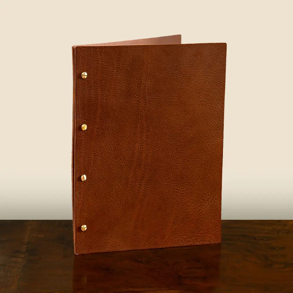 Leather Exposed Screw Post Menu binder in luxury veg tanned leather by Hartnack and Company.