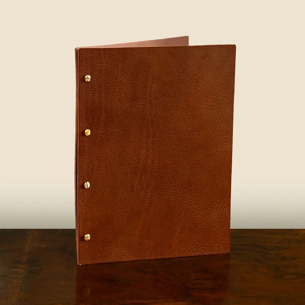 Leather Exposed Screw Post Menu binder in luxury veg tanned leather by Hartnack and Company.